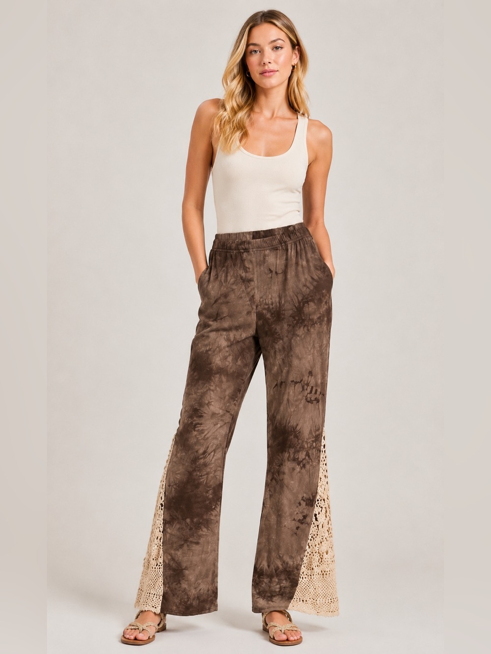 Judith March Brown Tie-Dye Crochet Side Panel Lounge Pants Large 25896